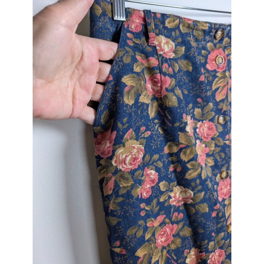 Vintage Orvis Floral Denim Midi Skirt Rose Print Button Front Cotton Cottagecore - Picture 9 of 9